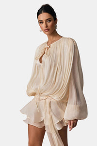 Elegant Chiffon Long Sleeve Tie Neck Mini Dress