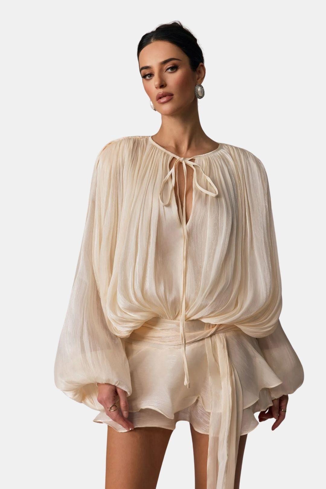 Image of Women's Long Sleeve Tie Neck Mini Dress