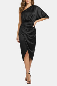 Elegant Satin One Shoulder Wrap Midi Dress