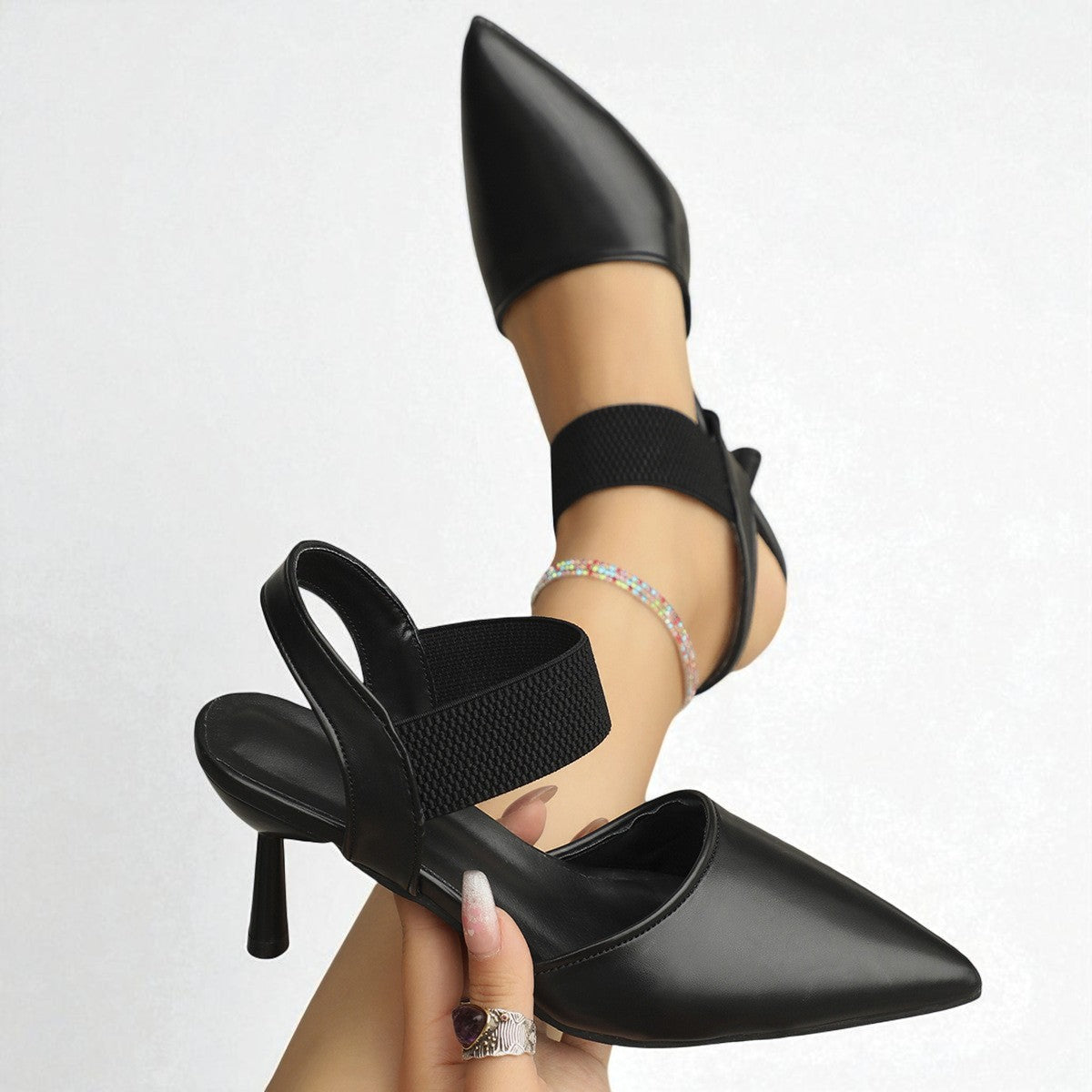 Image of Women's Pointed Toe Elastic Ankle Strap Heels