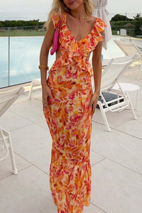 Boho Floral Ruffle Midi Dress