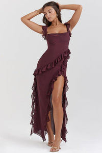 Elegant Ruffle Maxi Dress with Square Neckline