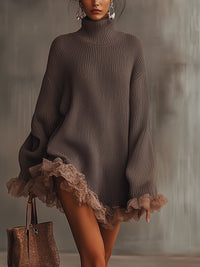 Soft Knit Turtleneck Mini Dress with Ruffle Trim