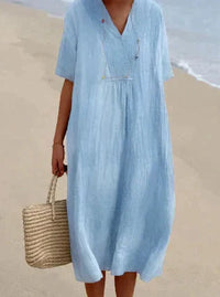 Lightweight Linen V-Neck Midi Dress