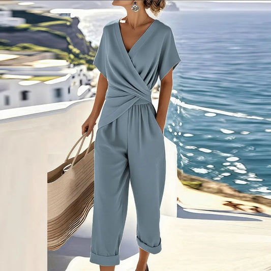 Image of Women's V-Neck Two-Piece Jumpsuit Set