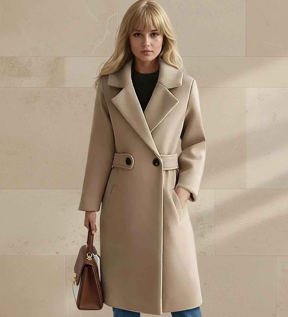 Women's Tailored Belted Coat with Wide Lapel