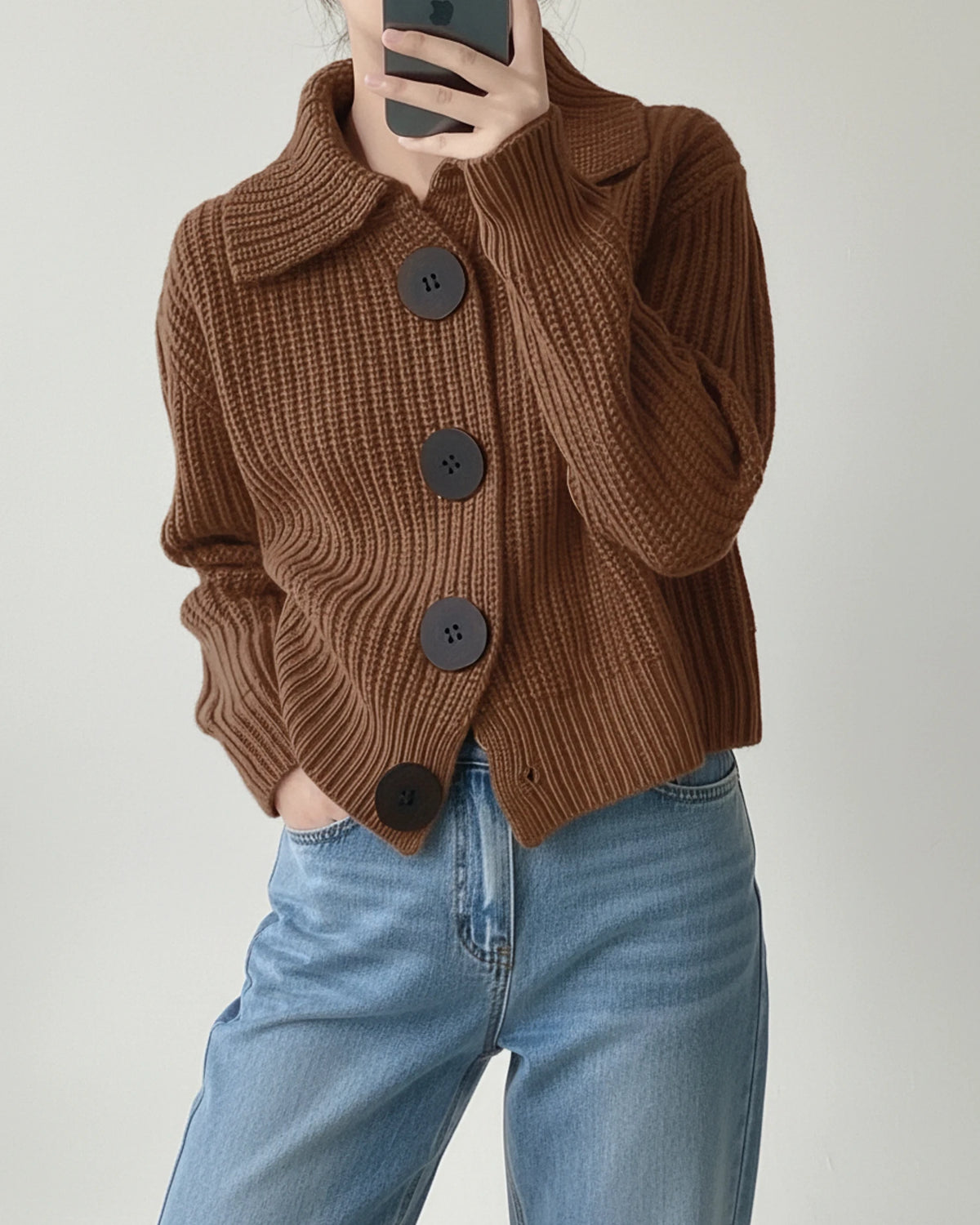 Women's Cropped Knit Collar Cardigan Sweater