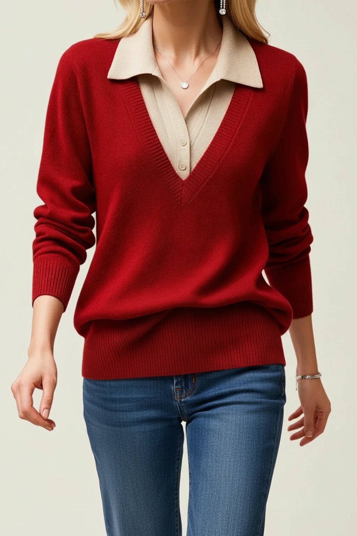 Women's V-Neck Collared Sweater
