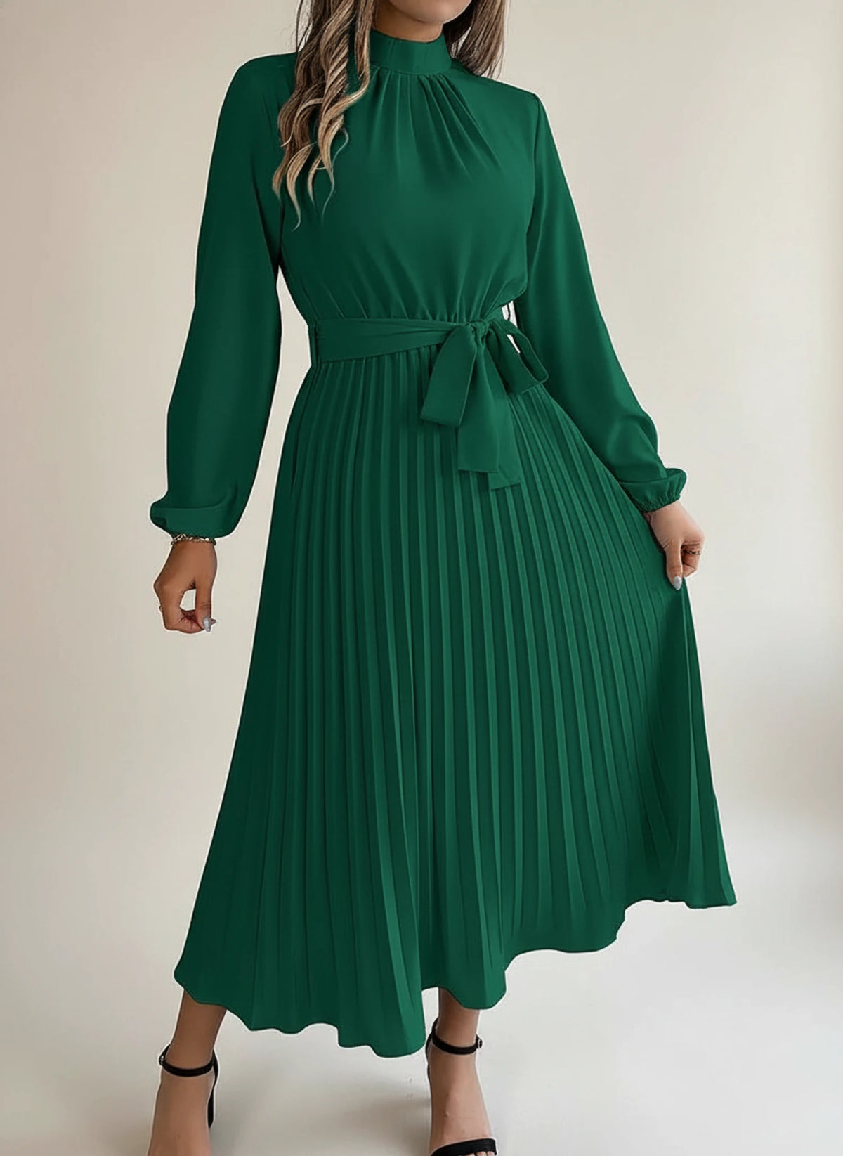 Elegant Pleated Long Sleeve Midi Dress