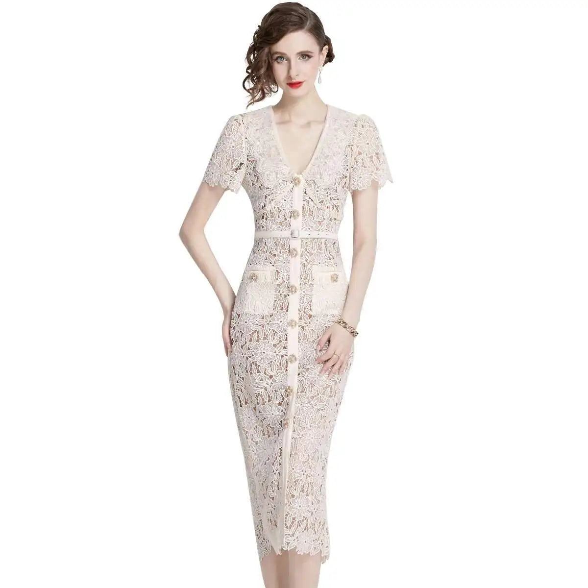 Women's Belted Lace Midi Dress - Image 1