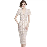 Elegant Lace Button Down Midi Dress