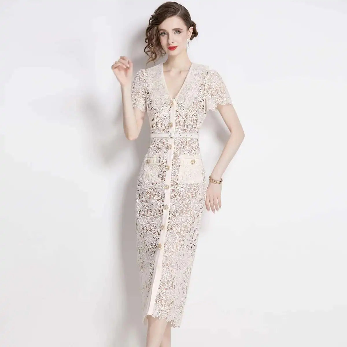 Women's Belted Lace Midi Dress - Image 3