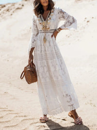 Boho Lace Long Sleeve A Line Maxi Dress