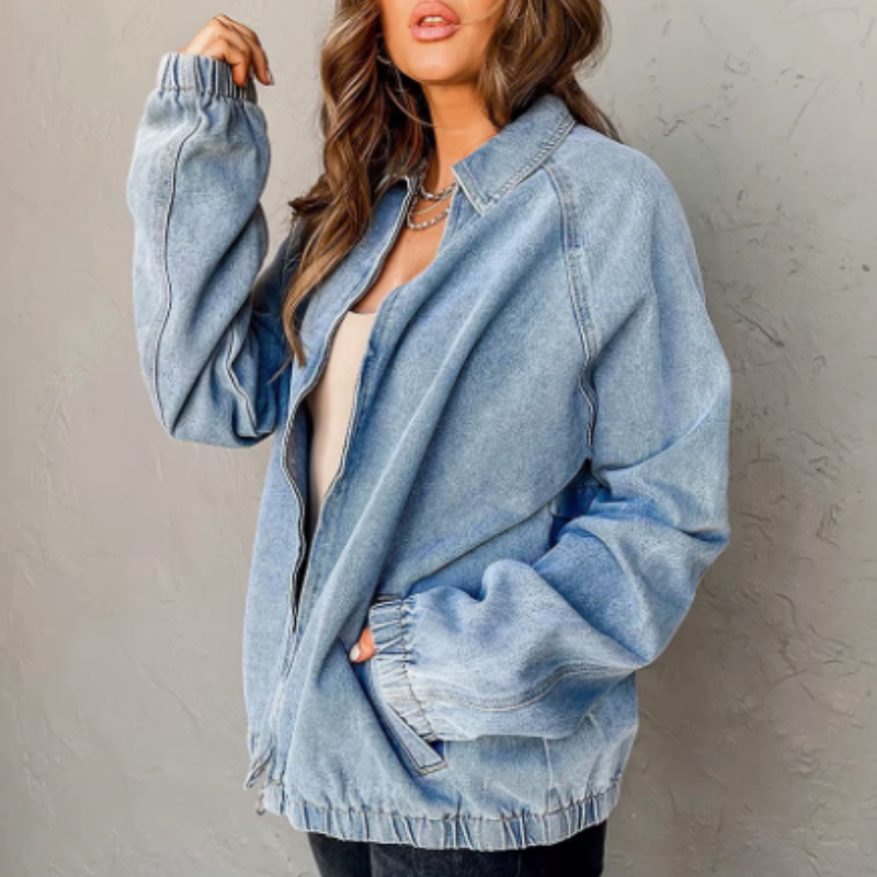 Women's Zip-Up Denim Bomber Jacket - Image 3