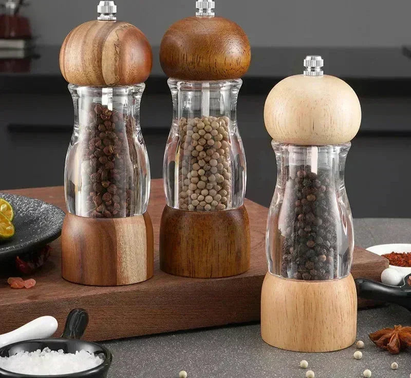 Wooden and Glass Salt and Pepper Mill Set – Stylish Spice Grinders for the Kitchen