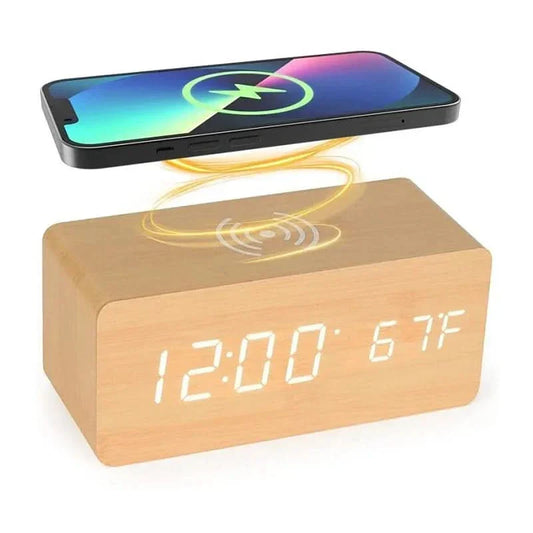 Wooden Digital Alarm Clock with Wireless Charging