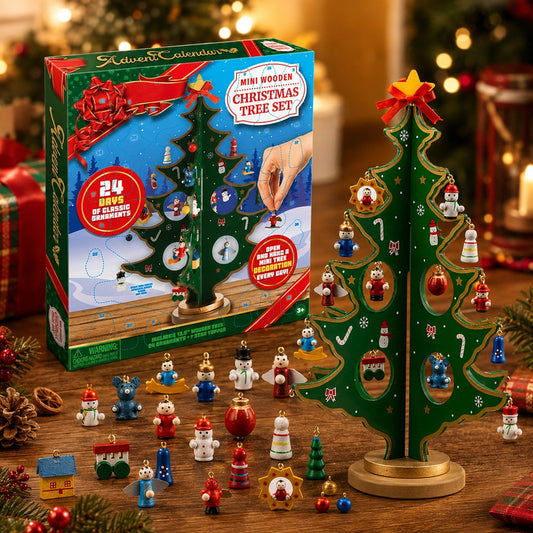 Wooden Tabletop Christmas Tree Advent Calendar with 24 Mini Ornaments for Kids